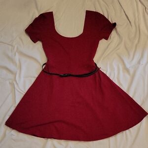 Forever 21 Burgundy Scoop-Neck Skater Dress With Belt
